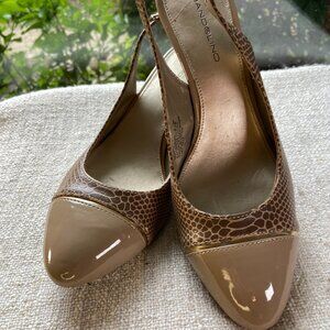 Bandolino nude taupe vegan patent leather and snake skin open back heels, S 8.5